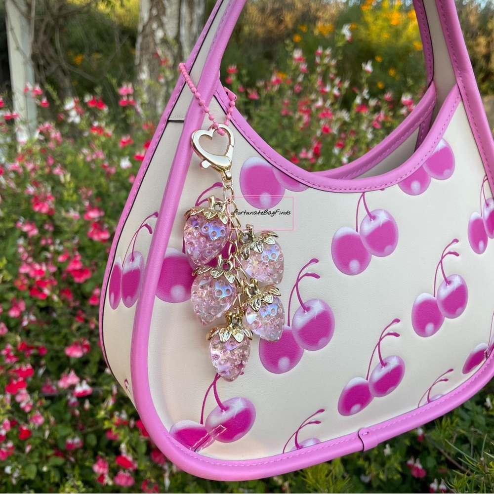 Iridescent Heart Strawberry Baby Pink Jelly Cluster Purse Bag Charm Kawaii Y2K - Picture 4 of 16